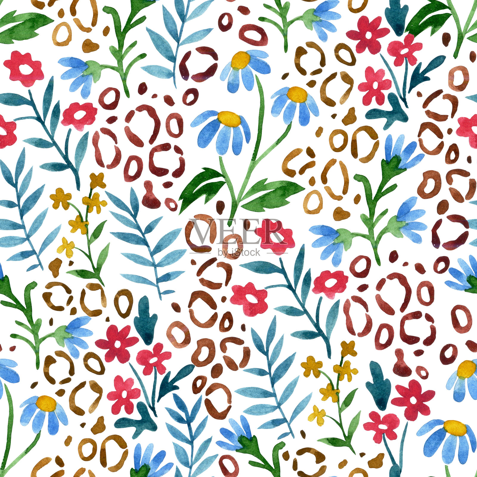 无缝花卉与动物纹理图案，折衷主义。水彩印刷插画图片素材