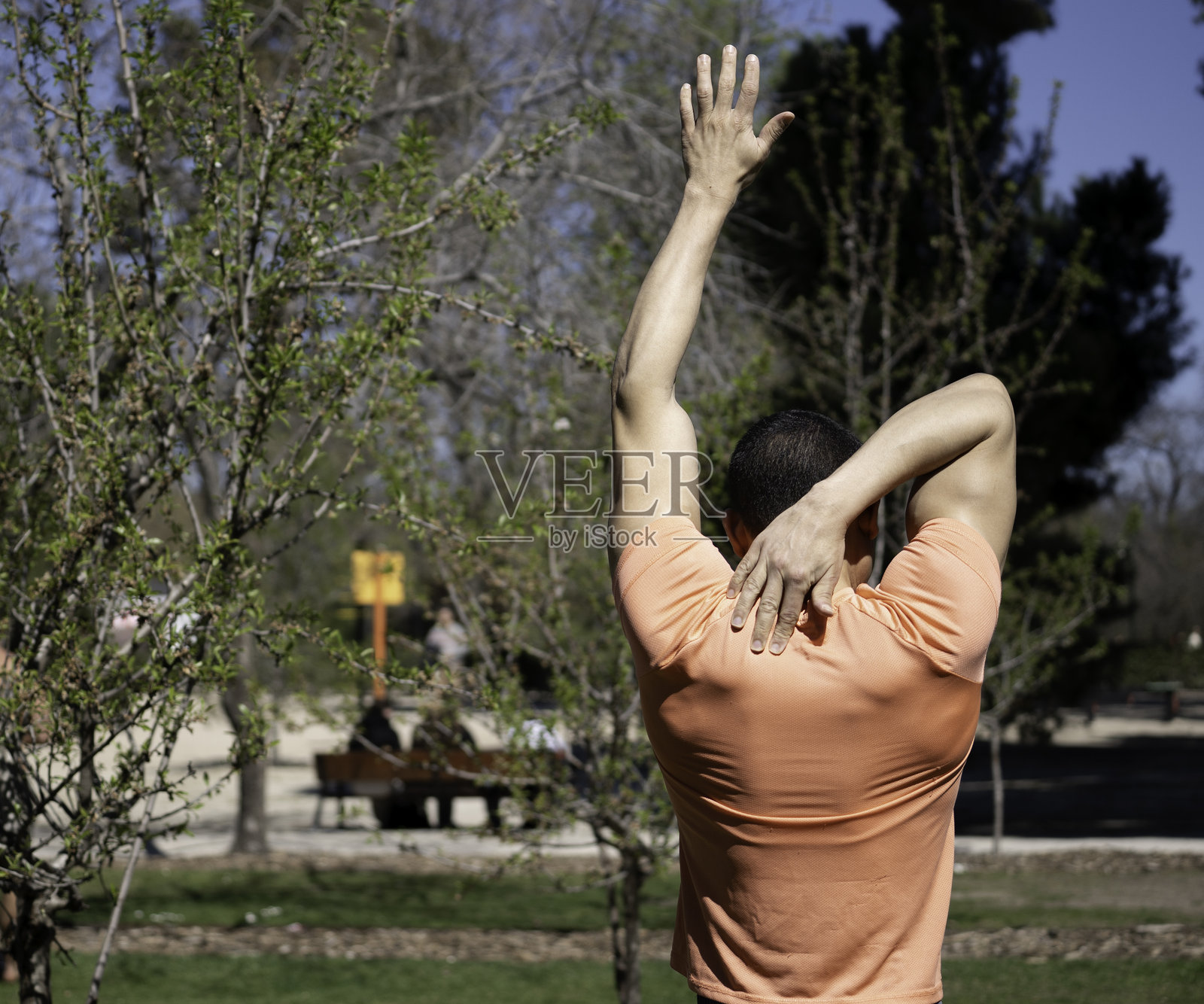 拉丁运动员在公园里伸展手臂和背部的背影照片摄影图片