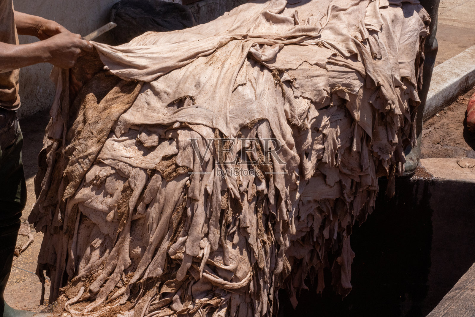 摩洛哥马拉喀什典型皮革鞣制厂中湿润的皮肤在鞣制前进行分类照片摄影图片