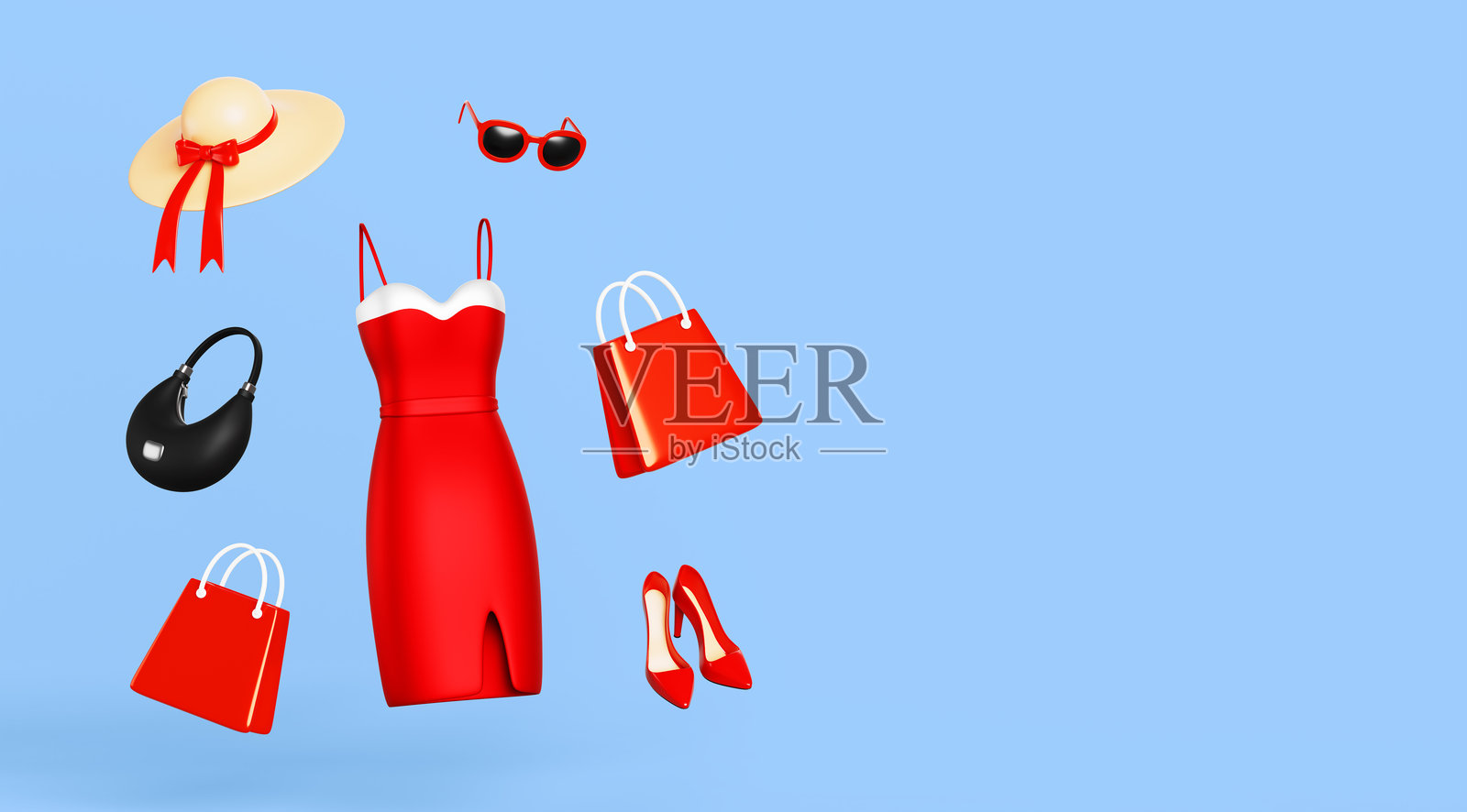3D女性服装和配饰促销渲染，蓝色背景。时尚商店横幅模板，包含红色连衣裙、鞋子、包、帽子和太阳镜。在线购物，服装店促销。照片摄影图片