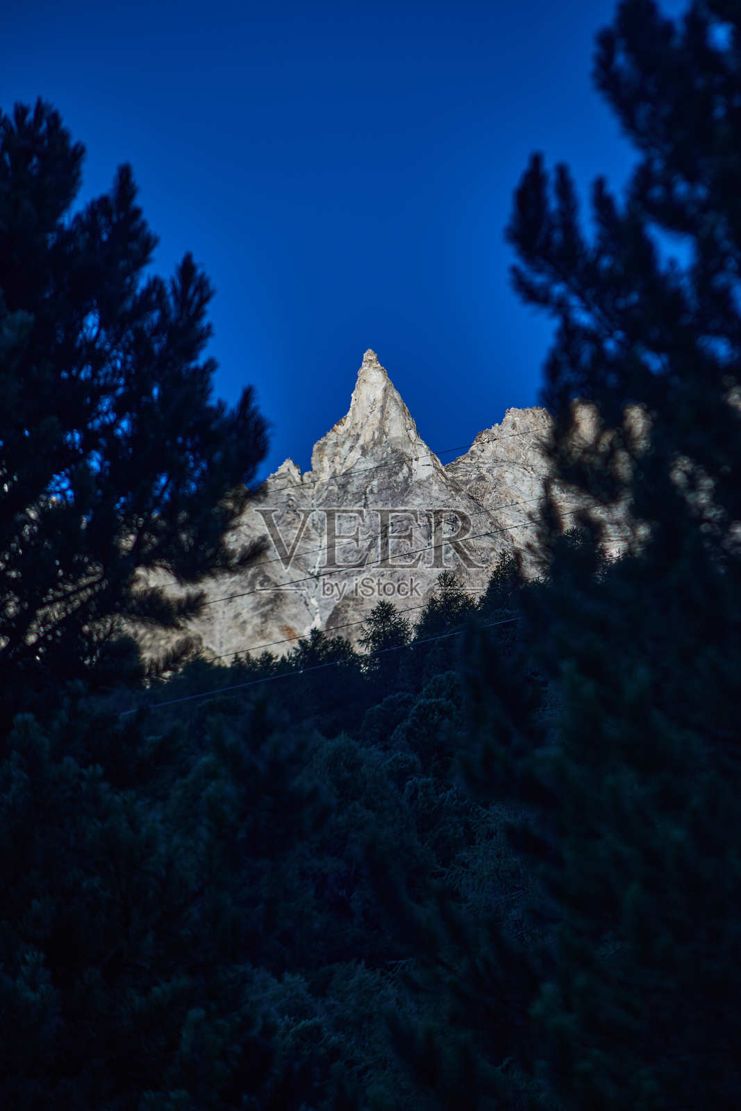 松树环绕下的山峰与晴朗的蓝天照片摄影图片