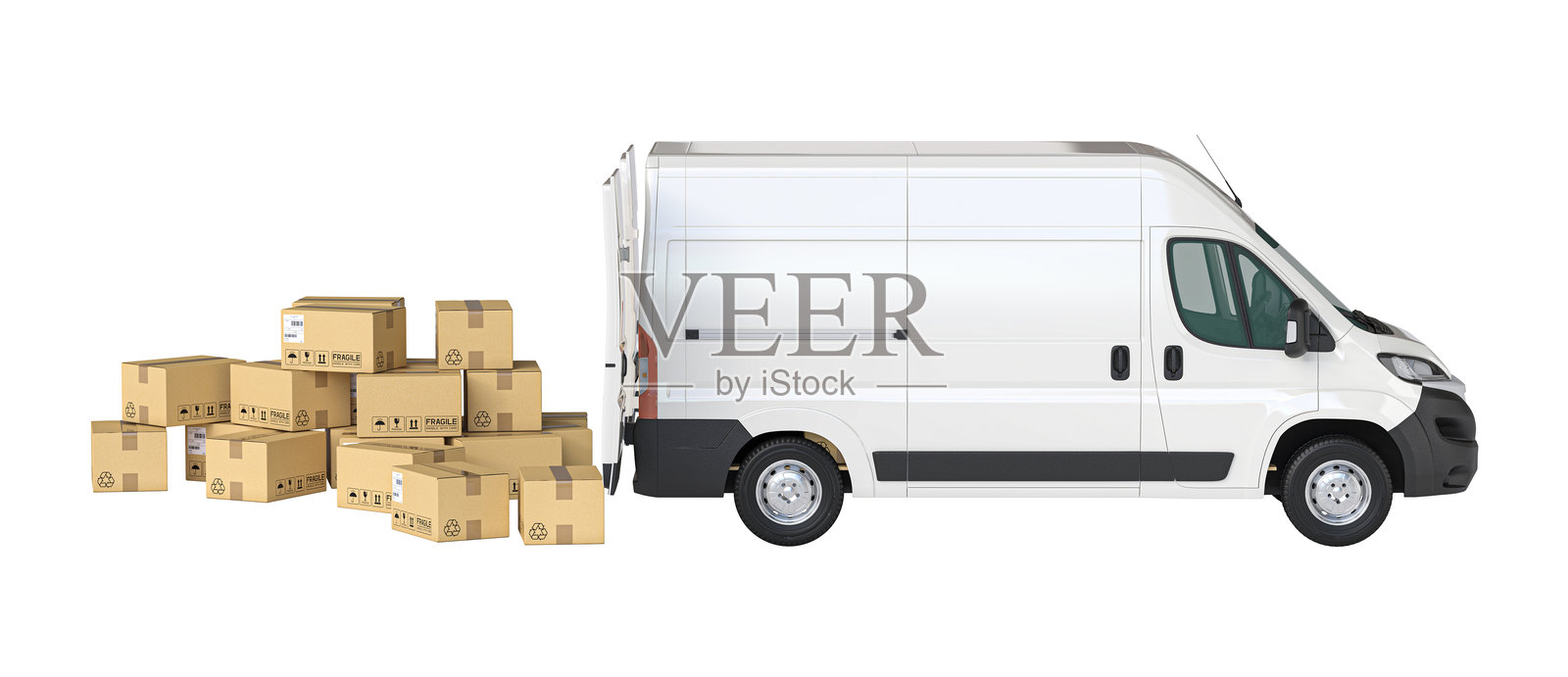 白色送货车正在卸下纸箱照片摄影图片