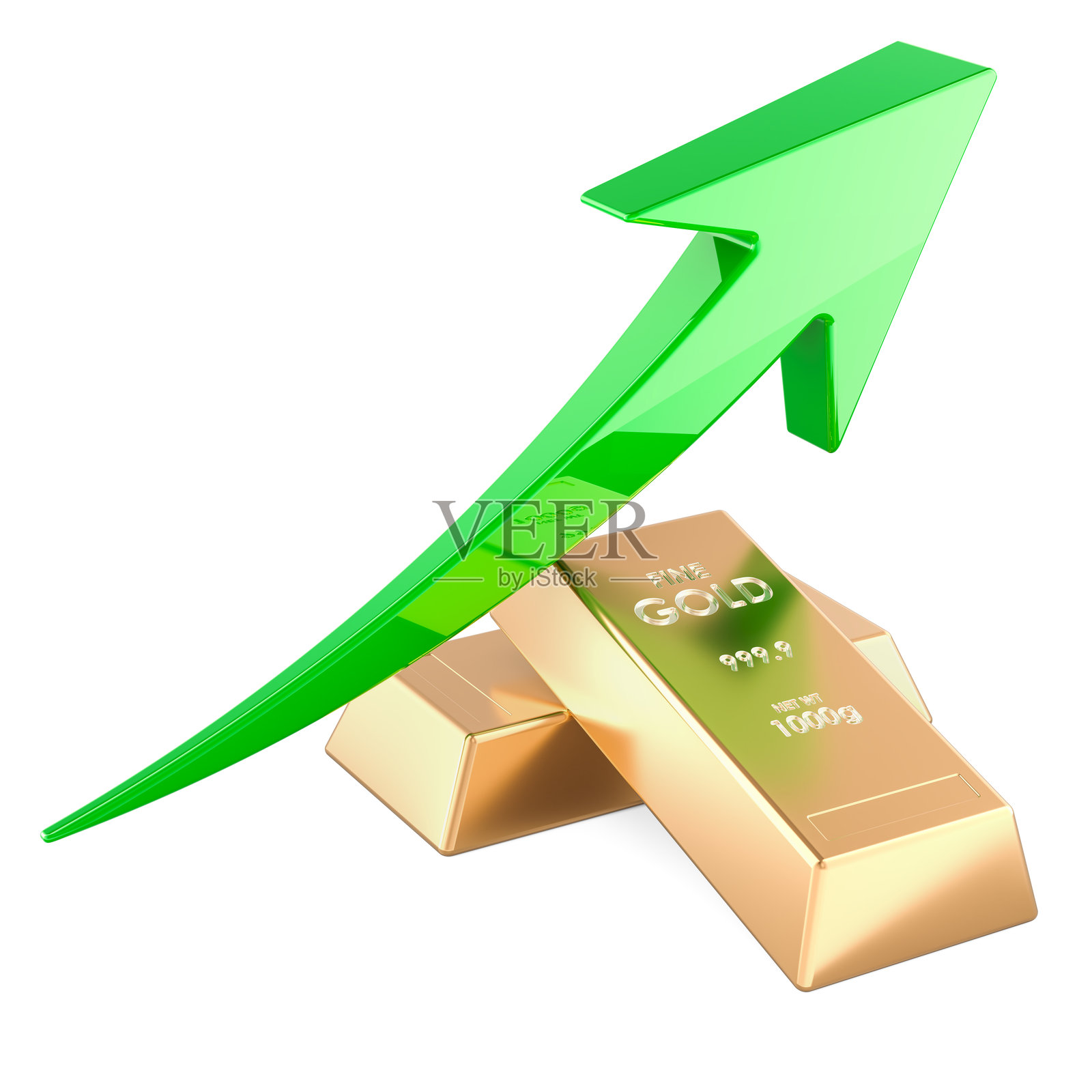 金元宝与向上增长的绿色箭头，3D渲染图照片摄影图片