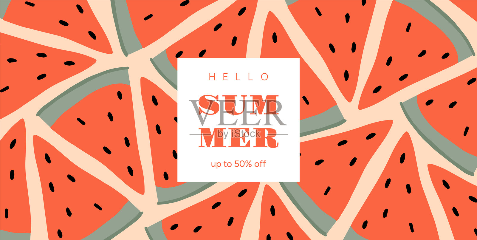 西瓜片的无缝矢量图案，配有“你好夏天”文字，适用于网页、横幅和促销活动插画图片素材
