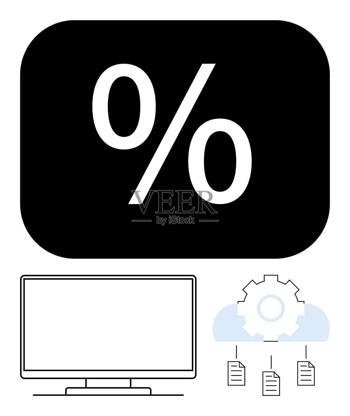 带有计算机、齿轮和文档图标的百分比符号，代表数据处理和云计算插画图片素材