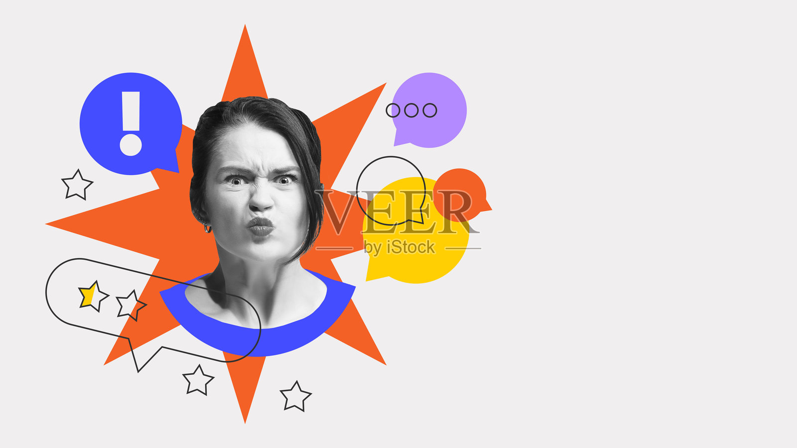 愤怒的女性，带有1星评分和感叹号。通过强烈的情感反馈表达负面的客户体验。照片摄影图片