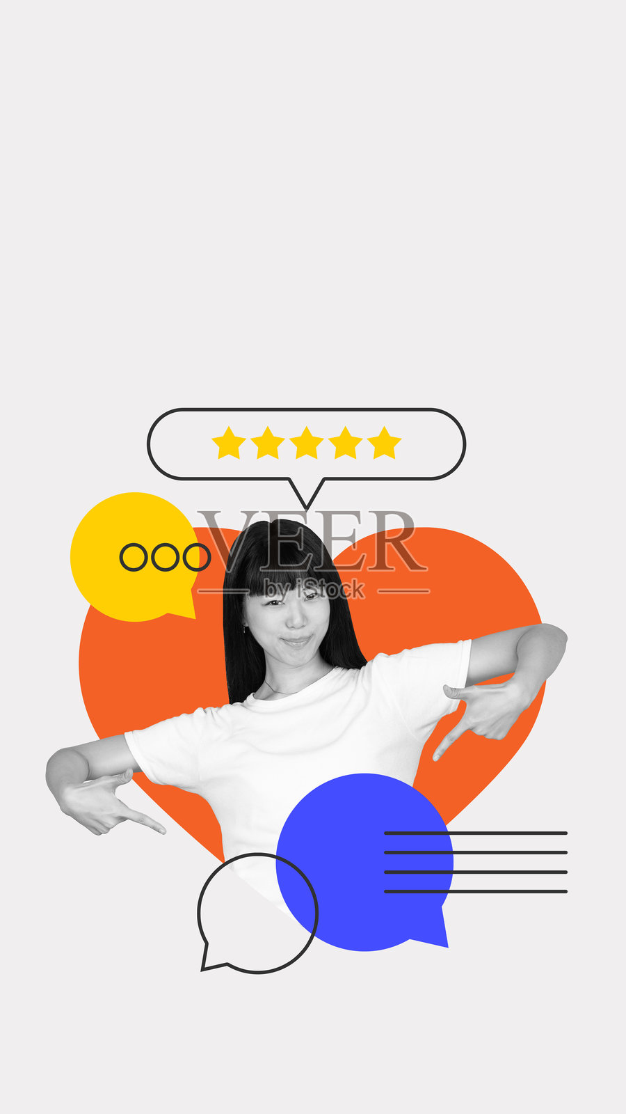 积极情绪。概念反馈插图，快乐的女孩指着自己，周围环绕着评价图标。照片摄影图片