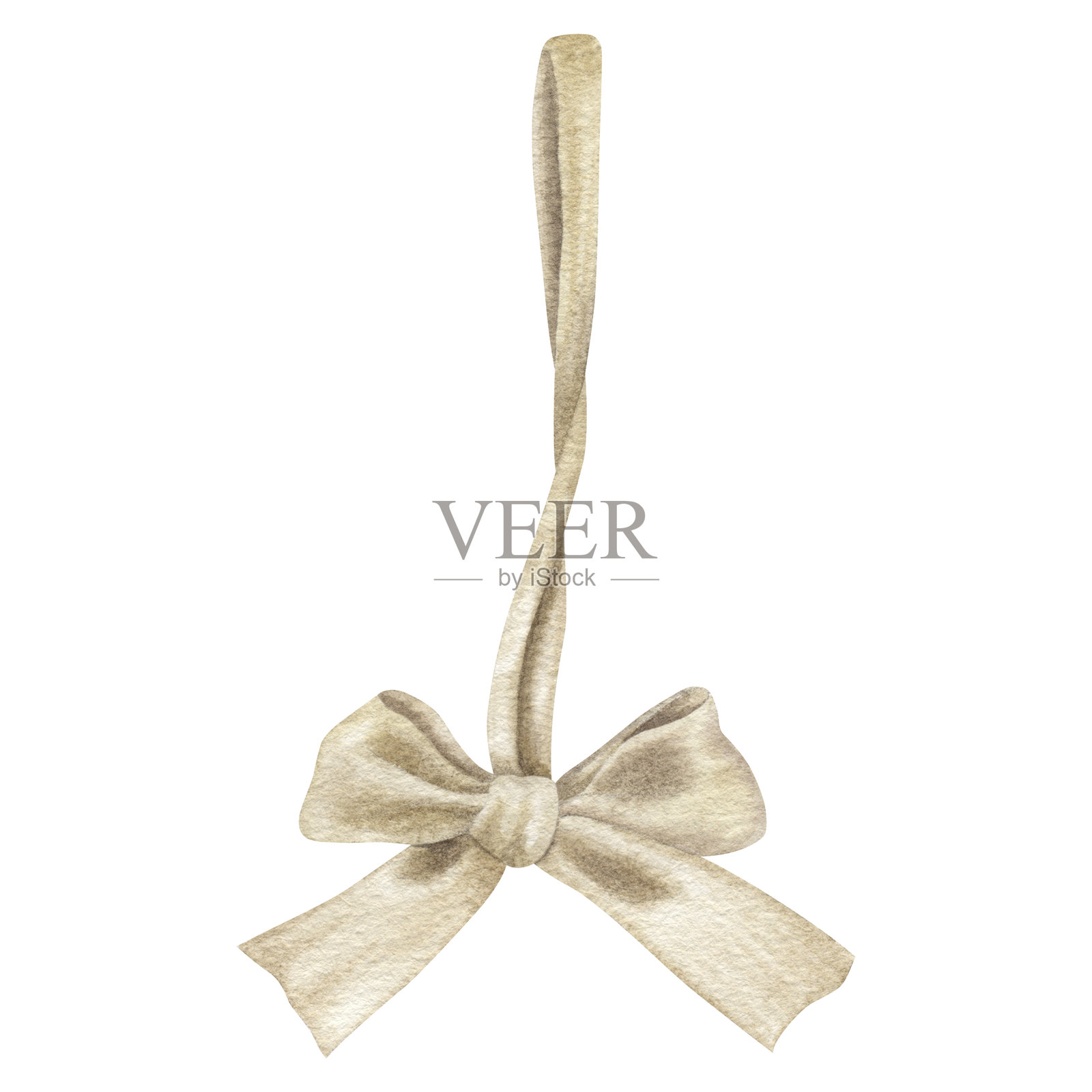 米色缎带蝴蝶结，带挂环。手绘水彩插图，背景为美丽的条纹。用于复活节彩蛋的华丽织物带的绘画。可用于贴纸、装饰和礼品。插画图片素材