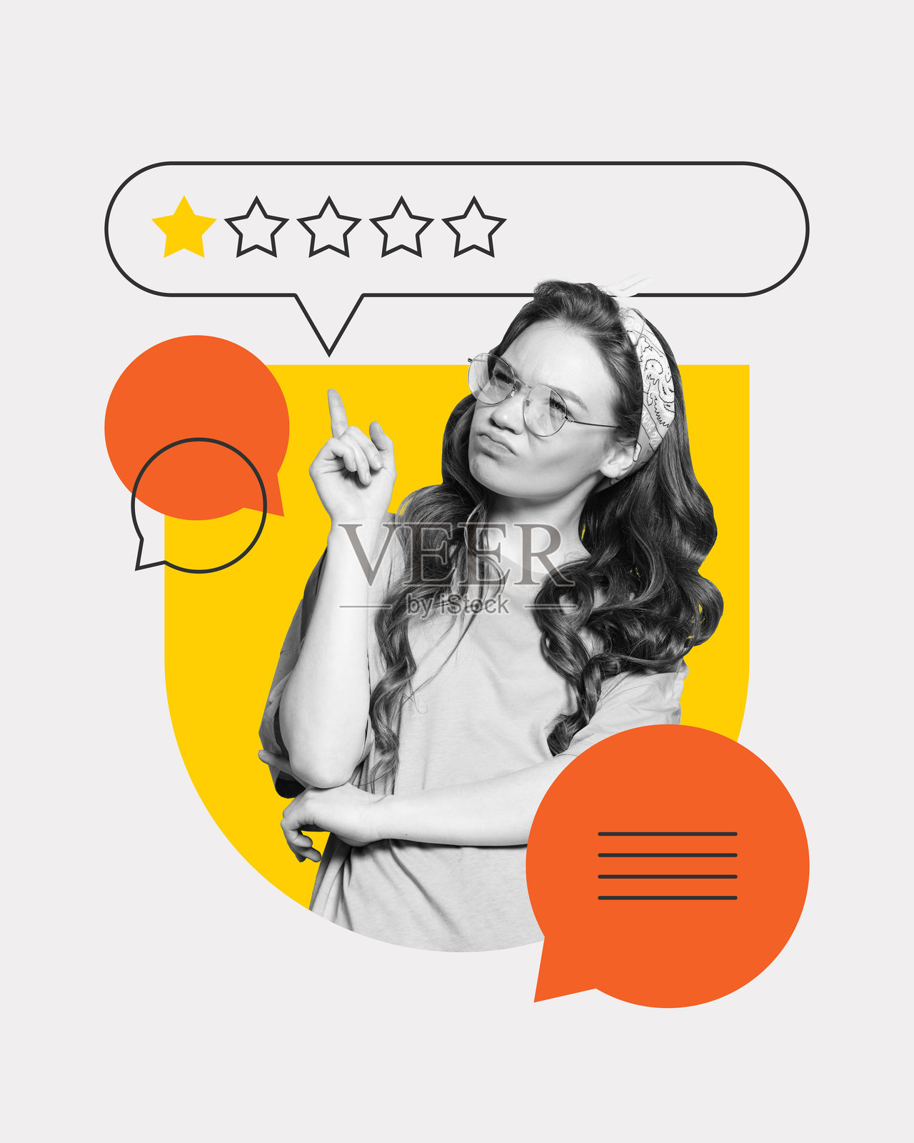 年轻女性用困惑的手势给出低评分的概念设计照片摄影图片