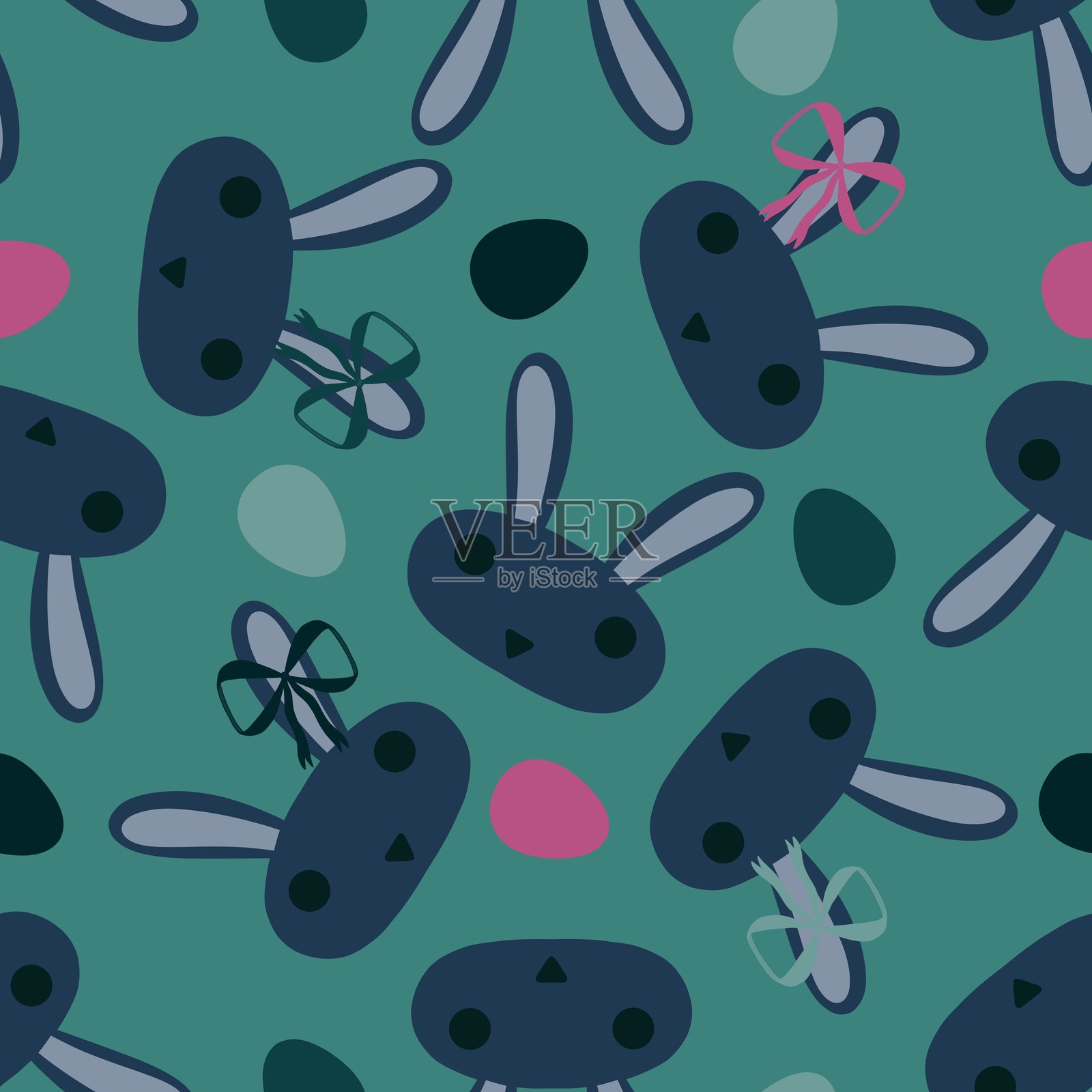 卡通复活节彩蛋和兔子的无缝图案，适用于包装纸、面料和服装印刷插画图片素材