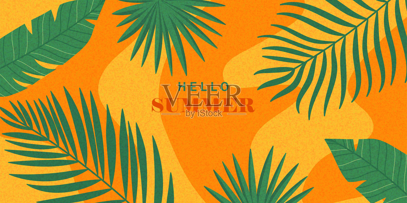 夏季横向背景，明亮的抽象热带叶子。现代艺术极简风格设计模板，适用于销售、横幅海报、封面和社交媒体。插画图片素材