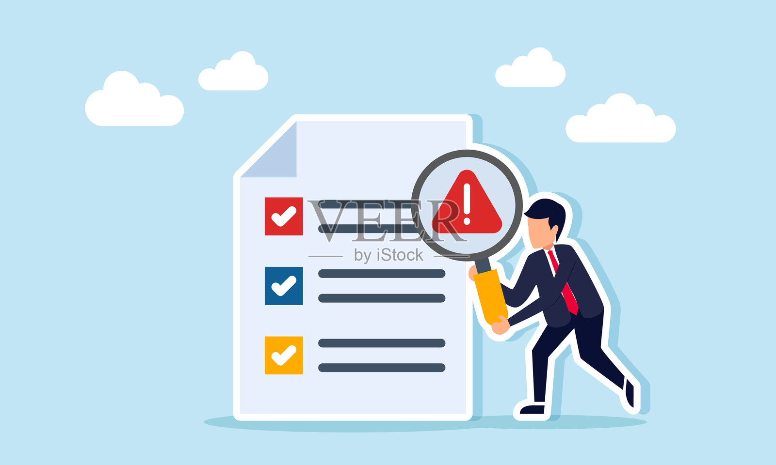 商人手持一个标有感叹号的放大镜，旁边是一份带有检查清单的文件，插图展示了对已完成商业项目任务的关注需求。插画图片素材
