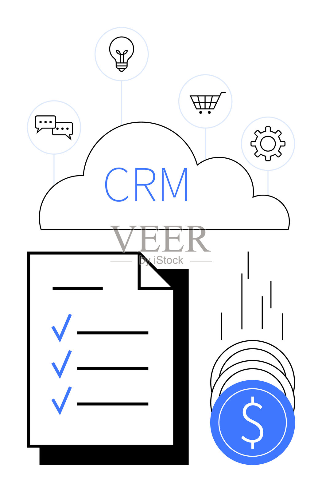 基于云的客户关系管理系统，带有清单、金钱和关键业务图标插画图片素材