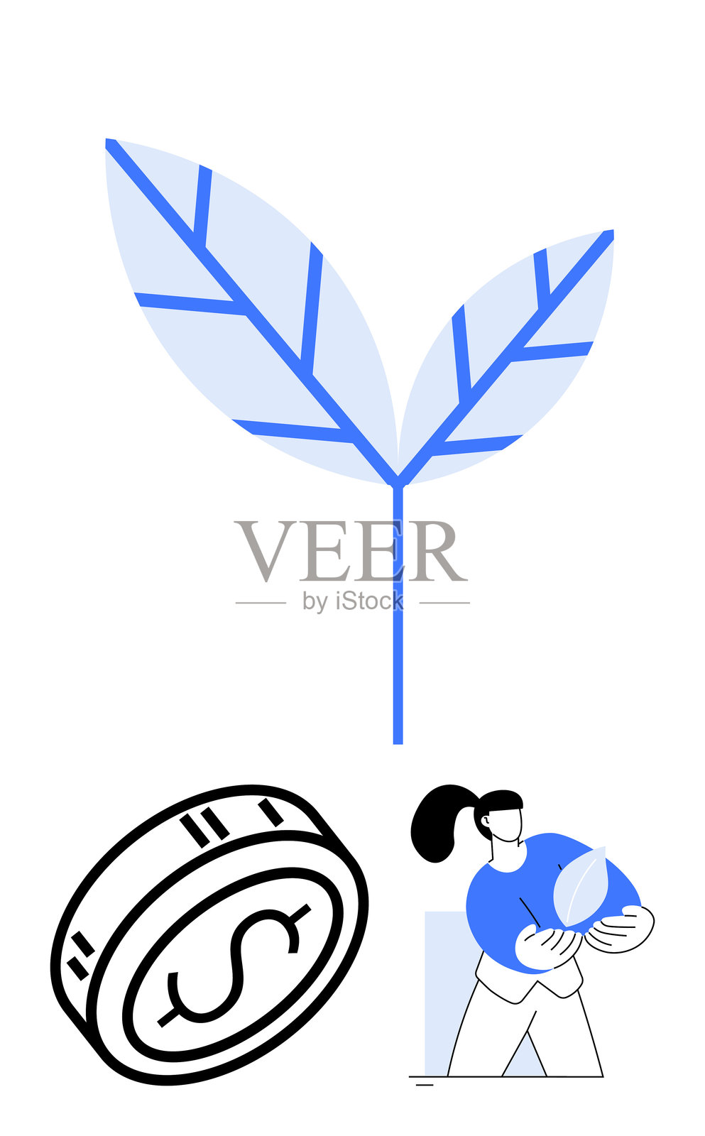 巨型叶子符号与手持小叶子和带美元符号的硬币的人插画图片素材