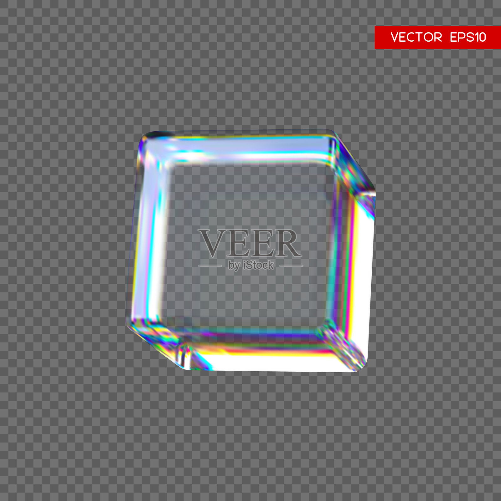 3D透明光泽立方体，带有色散效果。彩虹色反射玻璃。插画图片素材