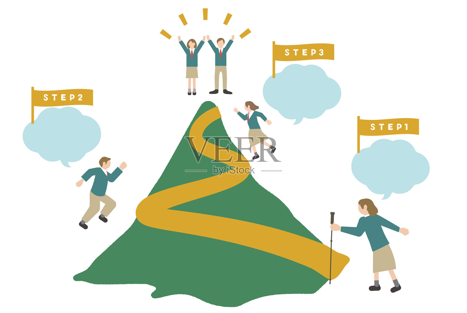 一组以图标风格展示的男女学生插图，包含向上攀登、提升水平、技能提升、跳跃和成长的图像插画图片素材