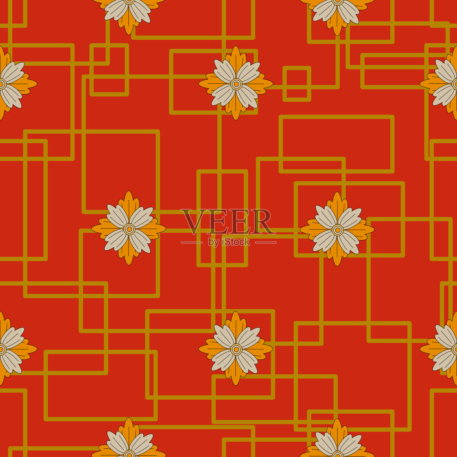 红色背景上的雏菊风格化无缝图案插画图片素材