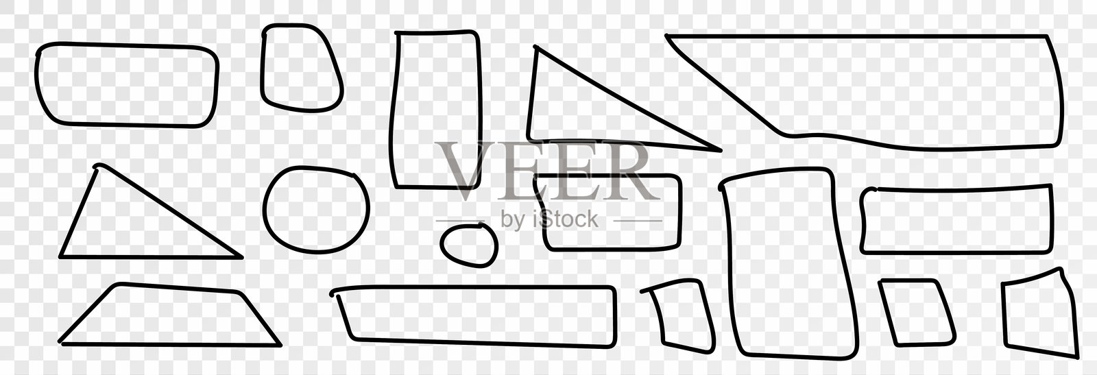 一组黑色手绘箭头和框架。各种箭头和框架图标的集合。现代简约矢量箭头集，背景透明。插画图片素材