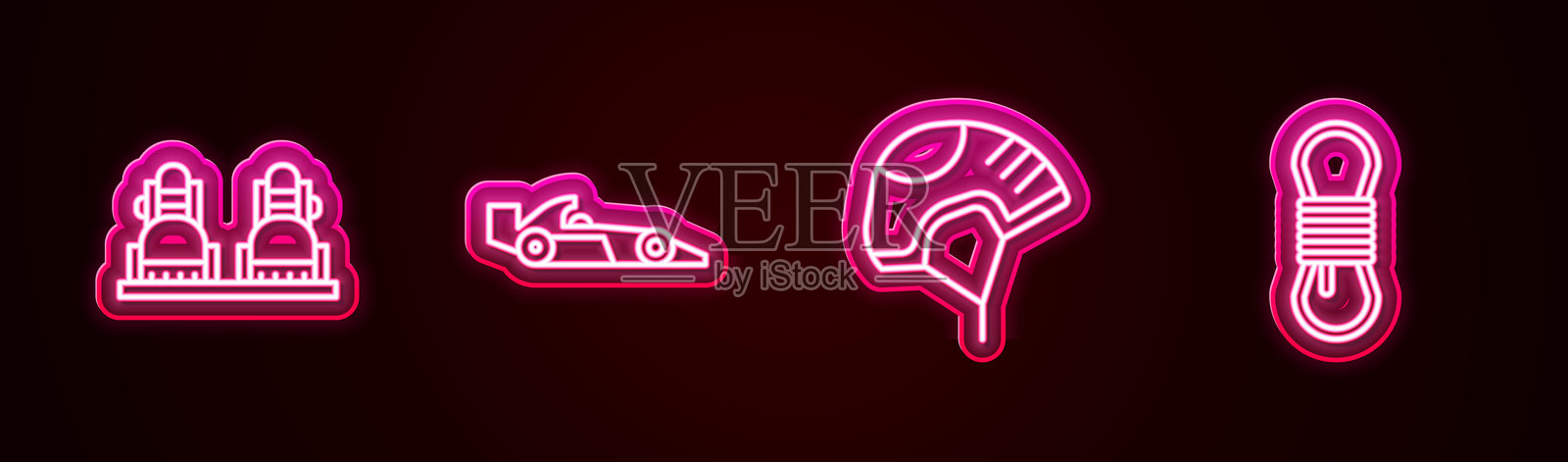 滑雪板、一级方程式赛车、头盔和攀岩绳。发光的霓虹图标。矢量图。插画图片素材