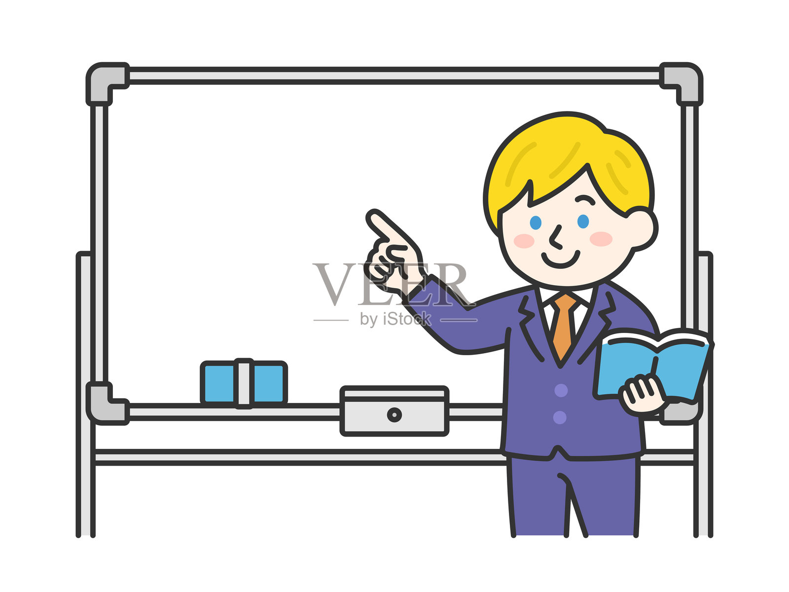 白人男性教师（彩色线条画）在使用白板授课。插画图片素材