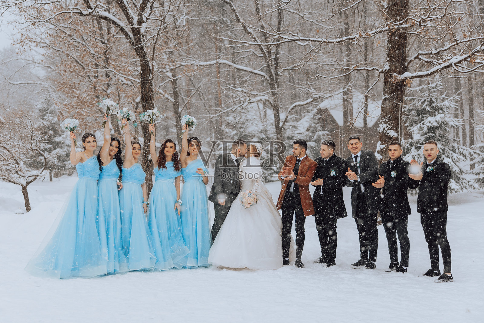 新娘和新郎在雪中被婚礼派对包围照片摄影图片