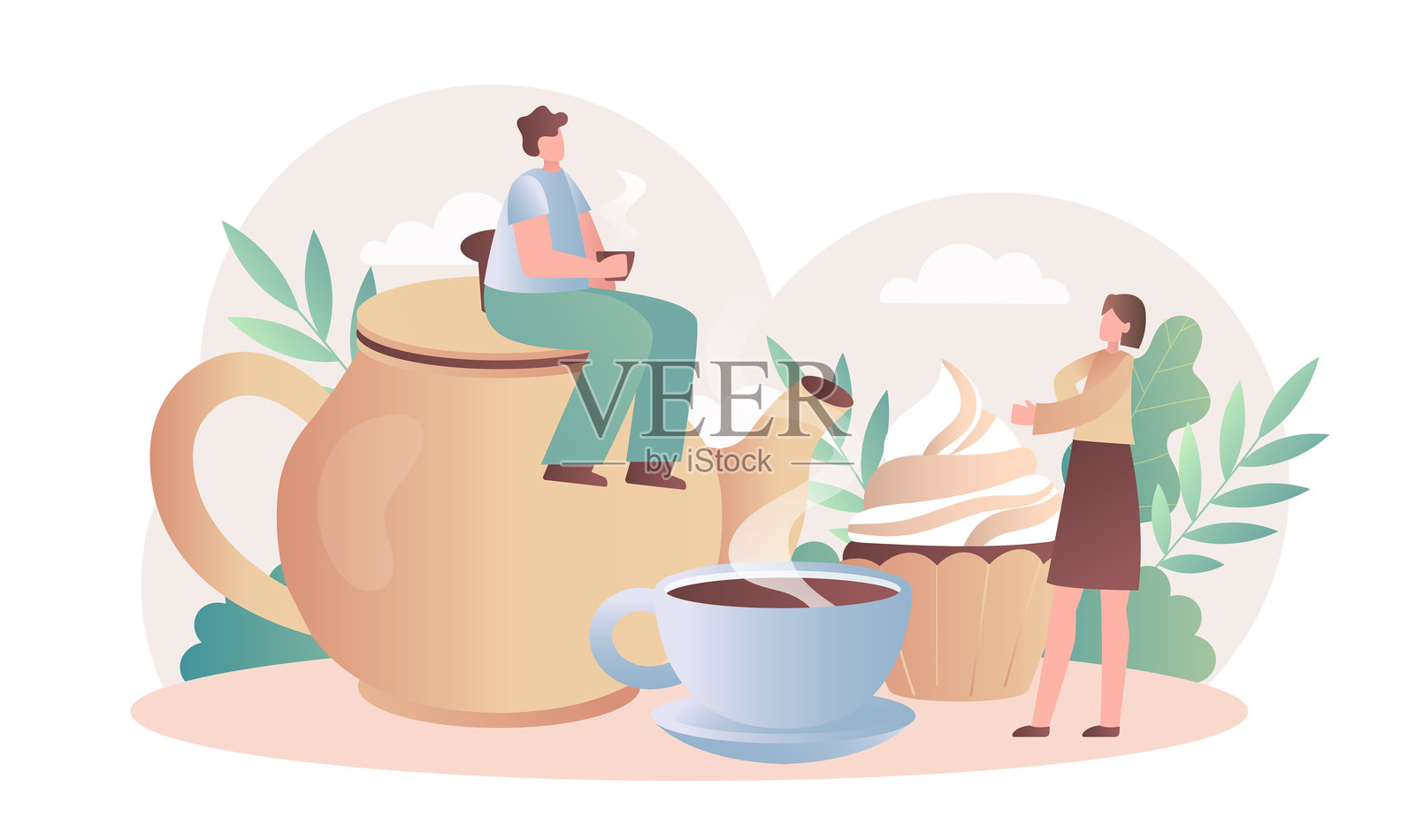 茶会概念。男人和女人在巨大的茶壶旁。家庭在咖啡休息时光。甜点和饮品。人们手持热饮。交谈与沟通。扁平矢量插图。插画图片素材