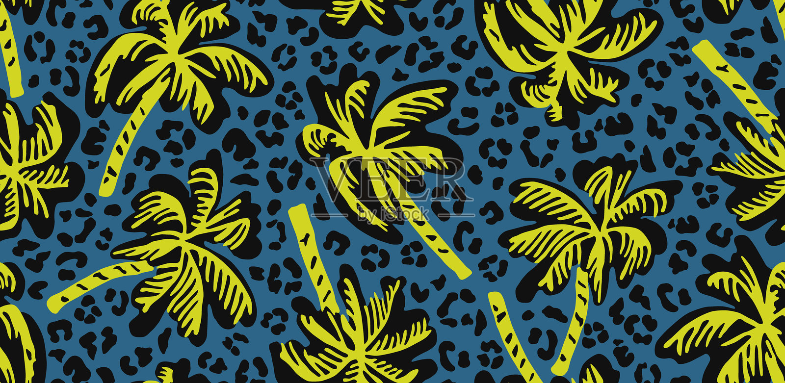 热带棕榈树图案与豹纹背景。夏威夷夏季时尚，适用于面料、纺织品、包装、海报、封面、装饰、横幅、壁纸和室内装饰。矢量插图。插画图片素材