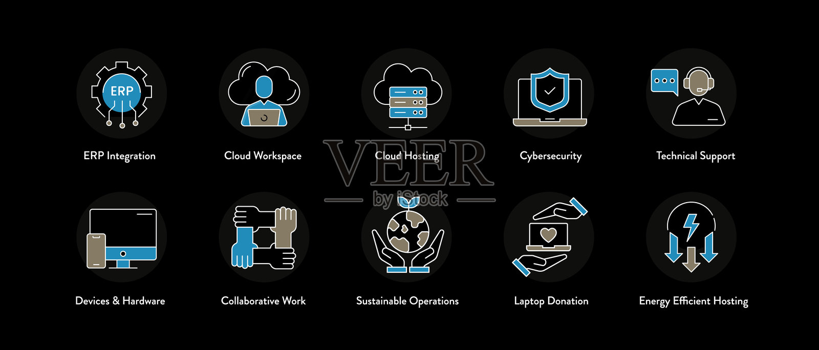 云服务与绿色信息技术图标 数字基础设施、协作与能源效率符号插画图片素材