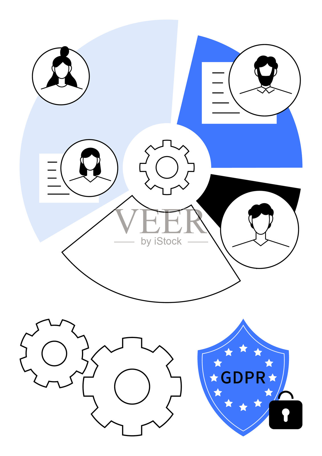 数据隐私和GDPR合规工作流程表示，包含齿轮和用户档案插画图片素材