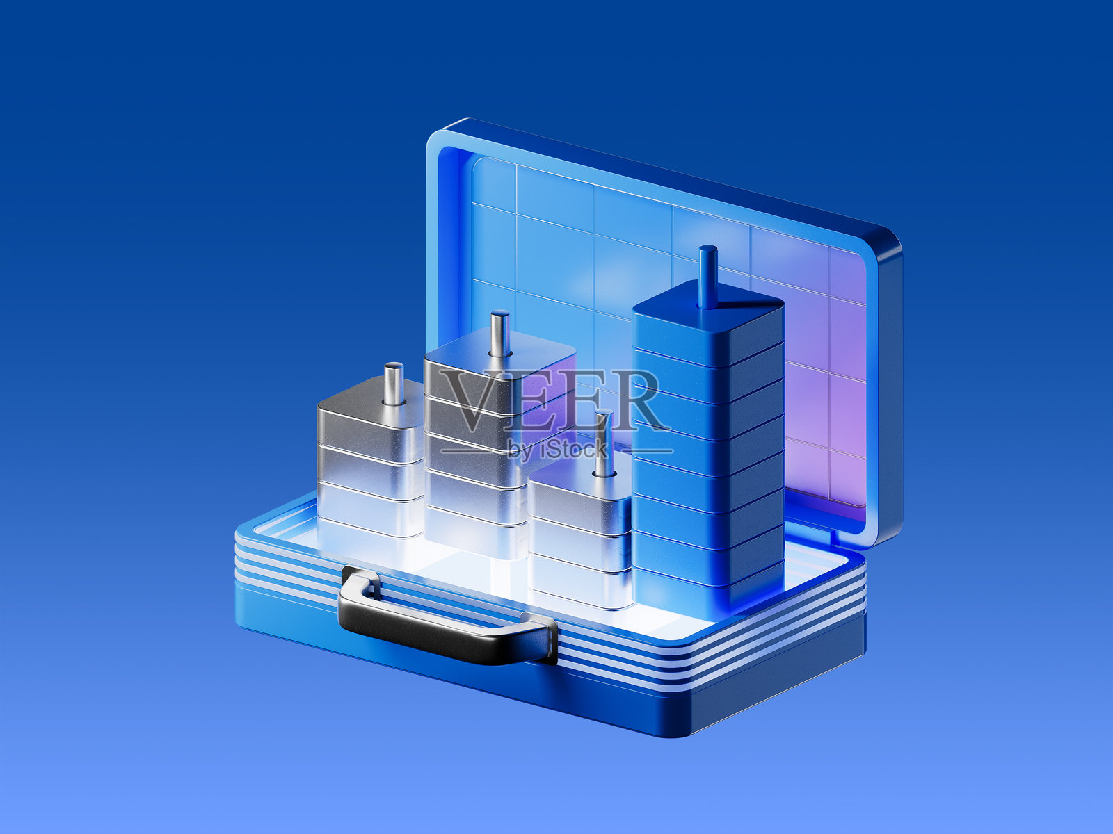 带有蜡烛图元素的金融案例3D图标，象征着交易数据、市场趋势和投资组合。背景为蓝色，独立展示。照片摄影图片