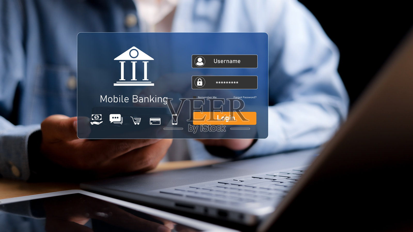 移动银行技术，网络安全。商人使用智能手机进行在线移动银行，数字金融创新技术，为退休投资股票和共同基金。照片摄影图片