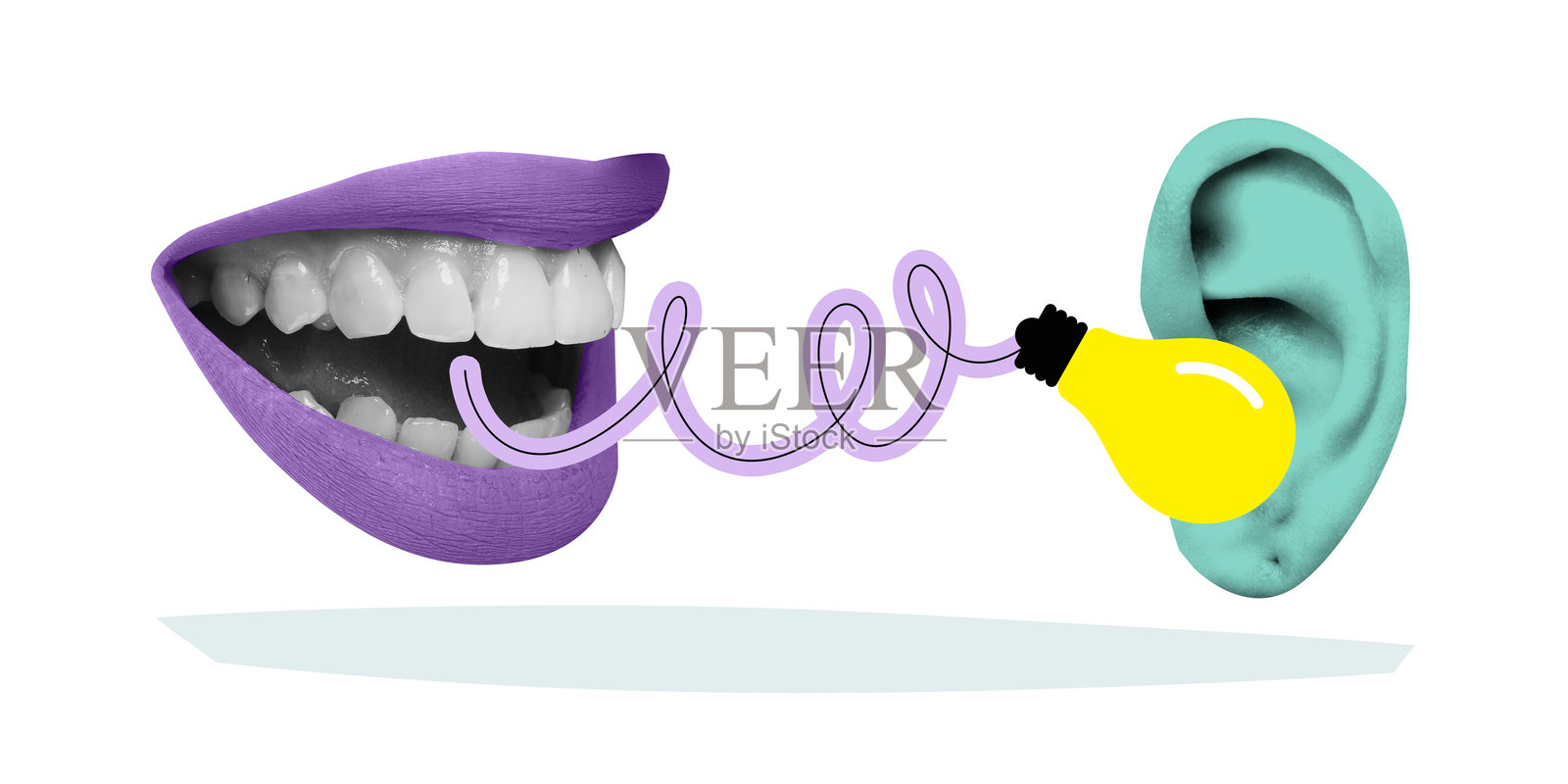 嘴巴通过卷曲的电线与耳朵相连，形象化了说话和倾听的完整循环照片摄影图片