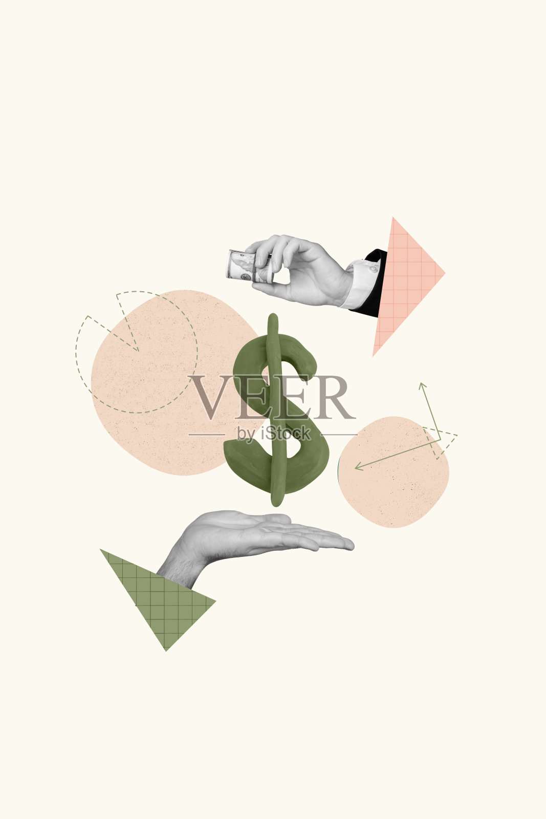 手势展示美元符号的拼贴海报，另一只手支付美元符号照片摄影图片