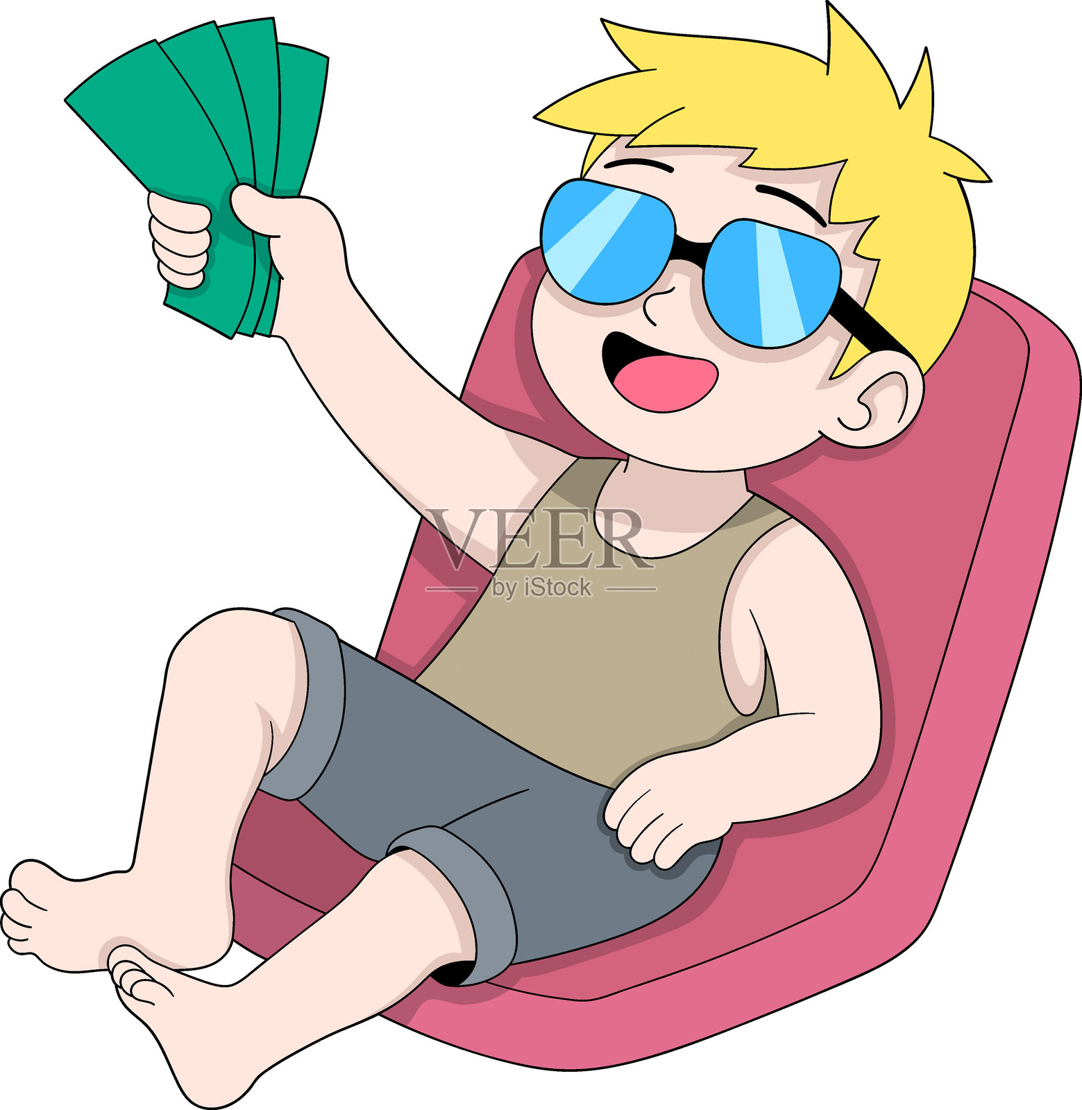 卡通富翁与金钱放松，财务自由概念插画图片素材