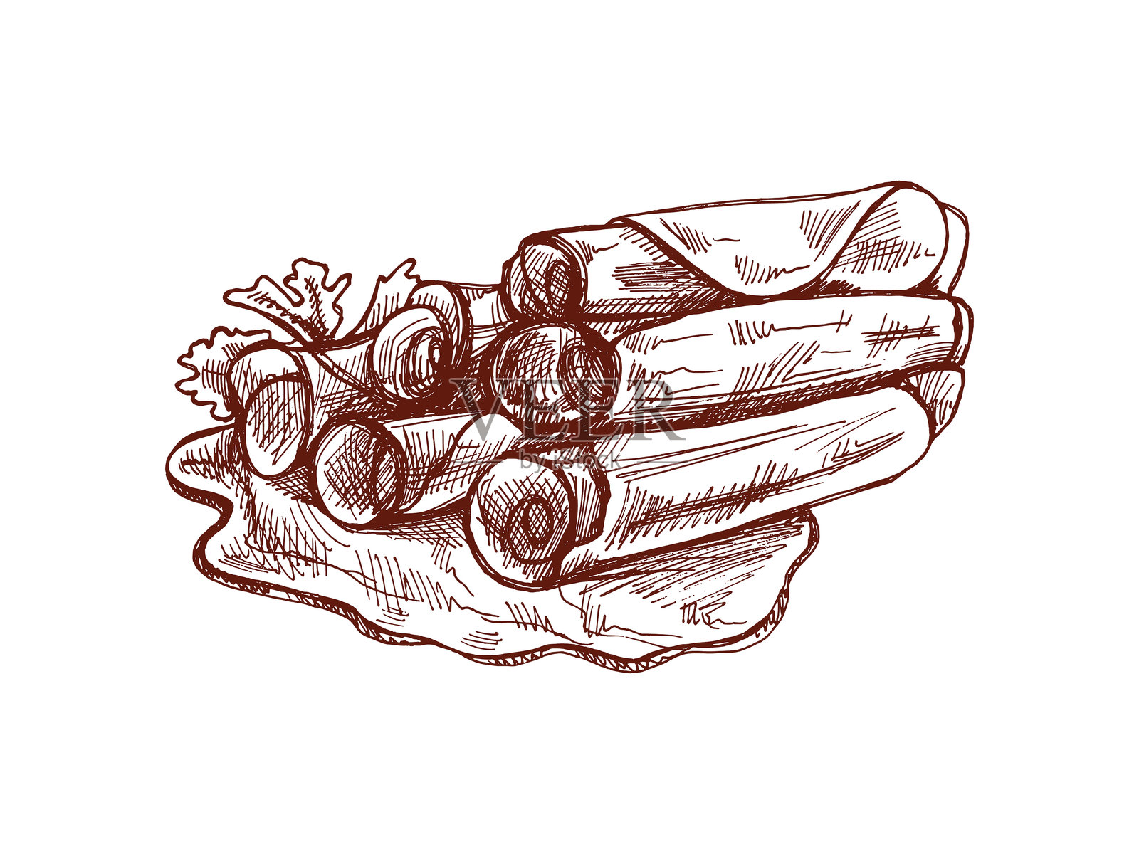 手绘单色矢量素描的猪肉、火腿片、意大利熏火腿的复古素描。肉店。插画图片素材