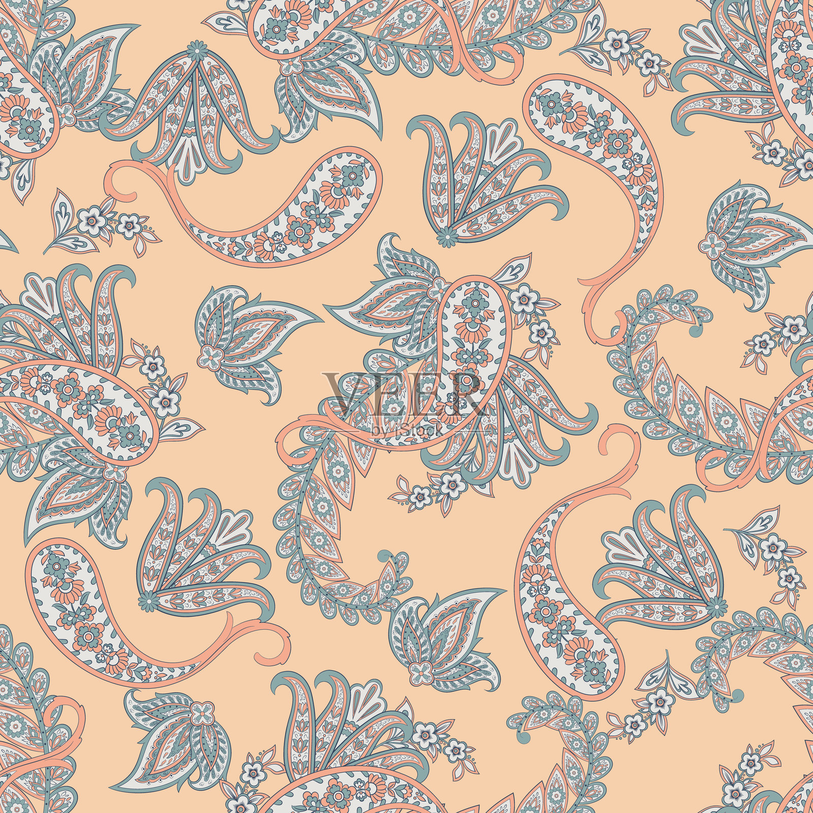 佩斯利矢量无缝图案。奇幻花卉，叶子。纺织波西米亚印花。蜡染画。复古风格。插画图片素材