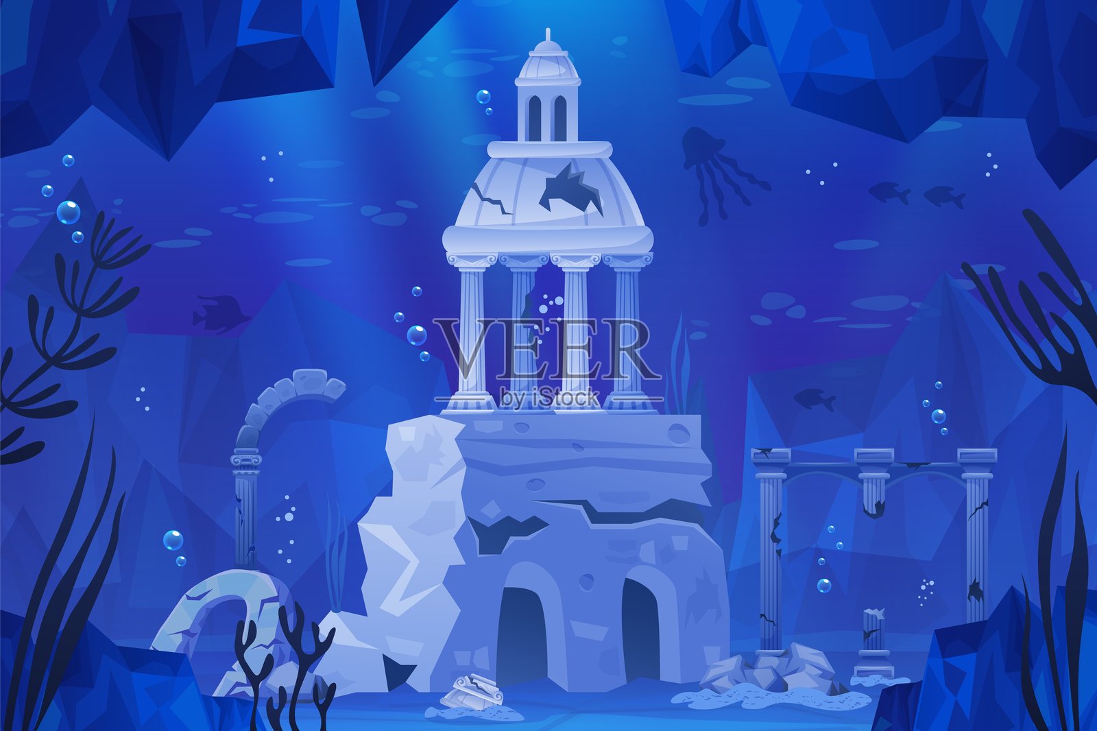 亚特兰蒂斯废墟景观。沉没的古代城市遗迹，失落文明的水下城镇建筑，视频游戏背景，潜水探索海底建筑，时尚的矢量插图。插画图片素材