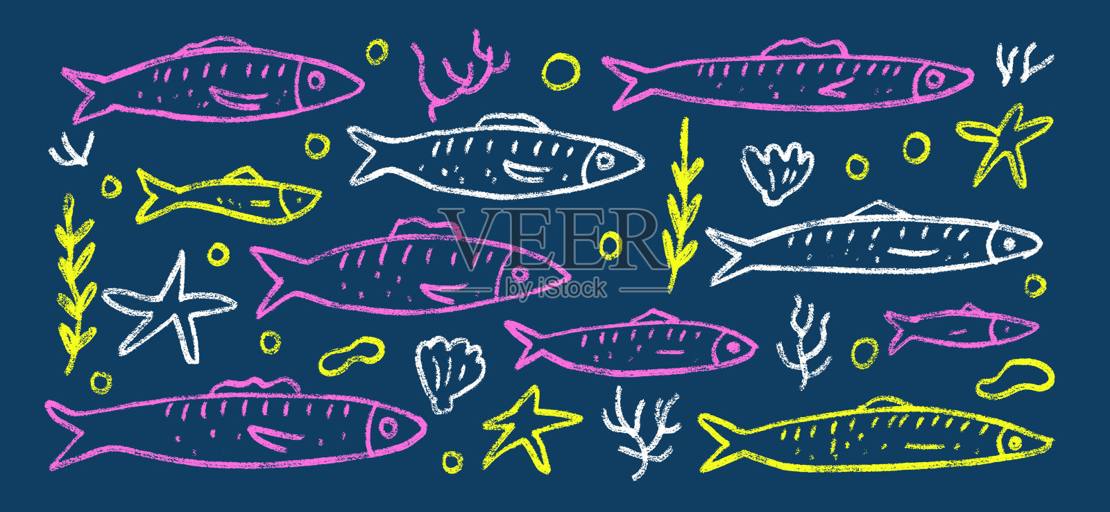 鱼类线条涂鸦集。手绘沙丁鱼，海洋中的鱼群。铅笔绘制的彩色海洋插图，独立展示。蜡笔或粉笔风格的天真水下生活。插画图片素材