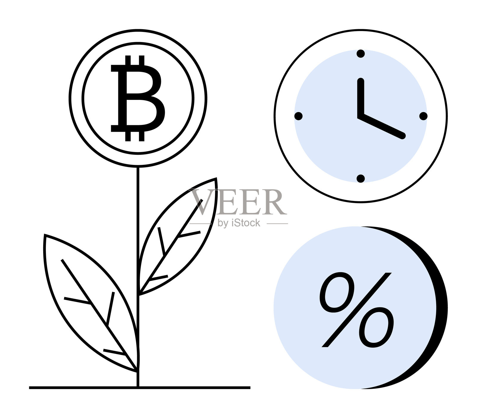 比特币增长通过植物、时钟和百分比图标展示时间和财务增长插画图片素材