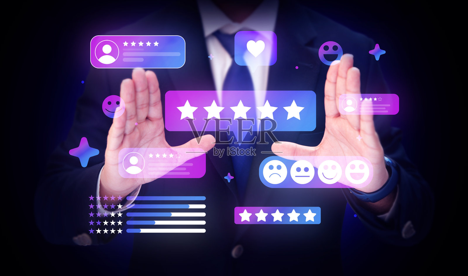 现代紫色和蓝色渐变的五颗星评级与评论，客户满意度在手中悬浮，俏皮，反馈，用户，闪亮，粉色积极评论照片摄影图片