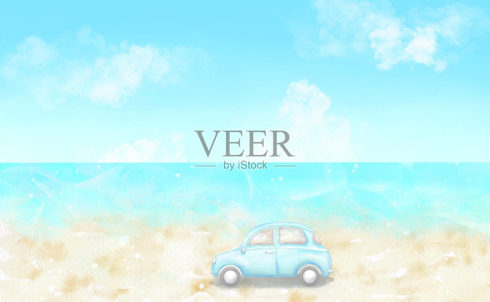 一辆蓝色汽车在宽阔的沙滩上行驶。插画图片素材
