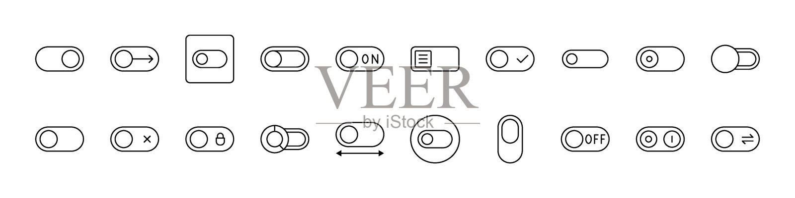 开/关，开关线图标集。图形和网页设计、应用程序、广告、各种卡片的轮廓标志插画图片素材