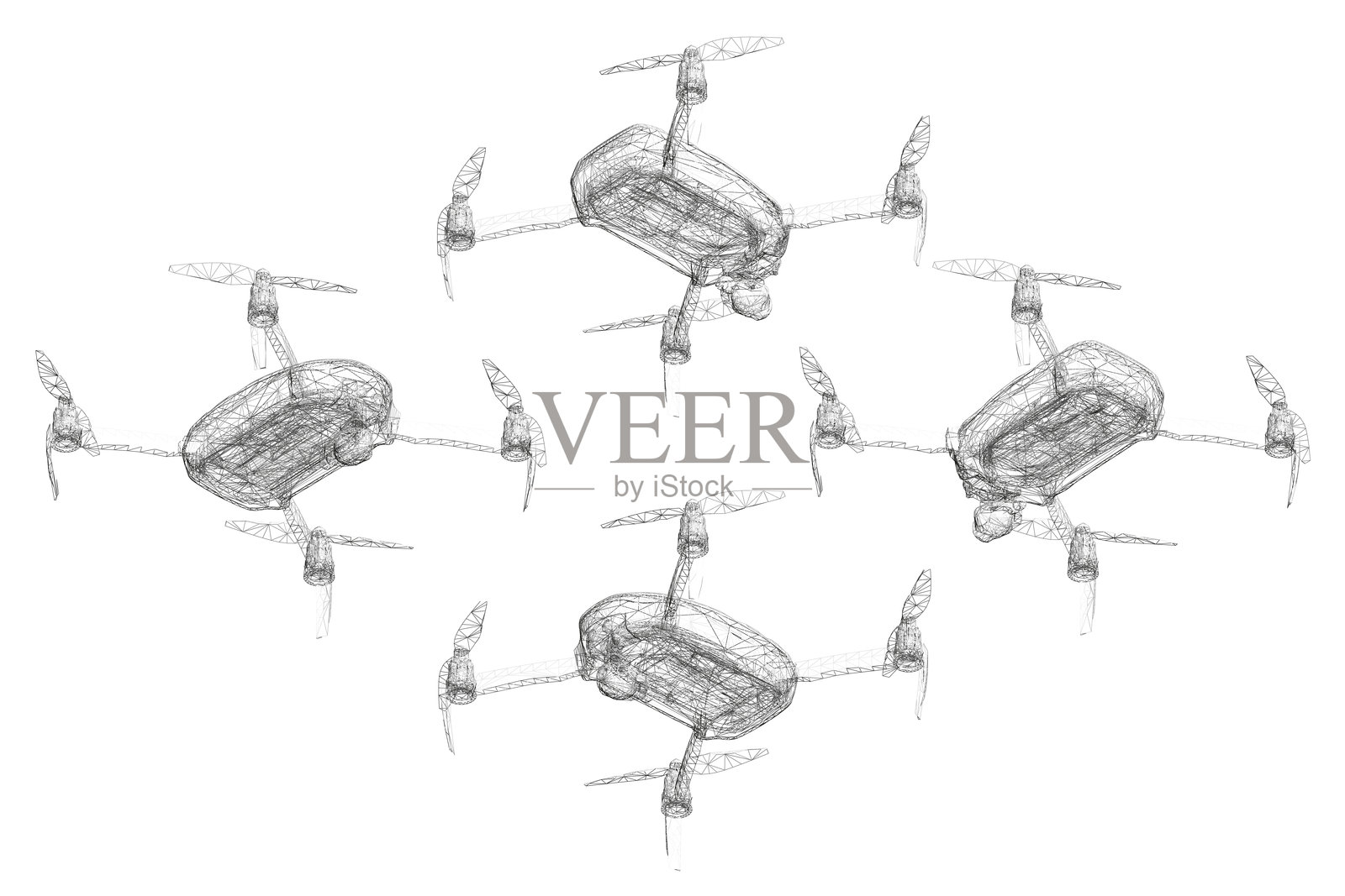 四架排成一排的无人机图画。这些无人机颜色相同，设计一致。体现了统一和秩序的概念。插画图片素材