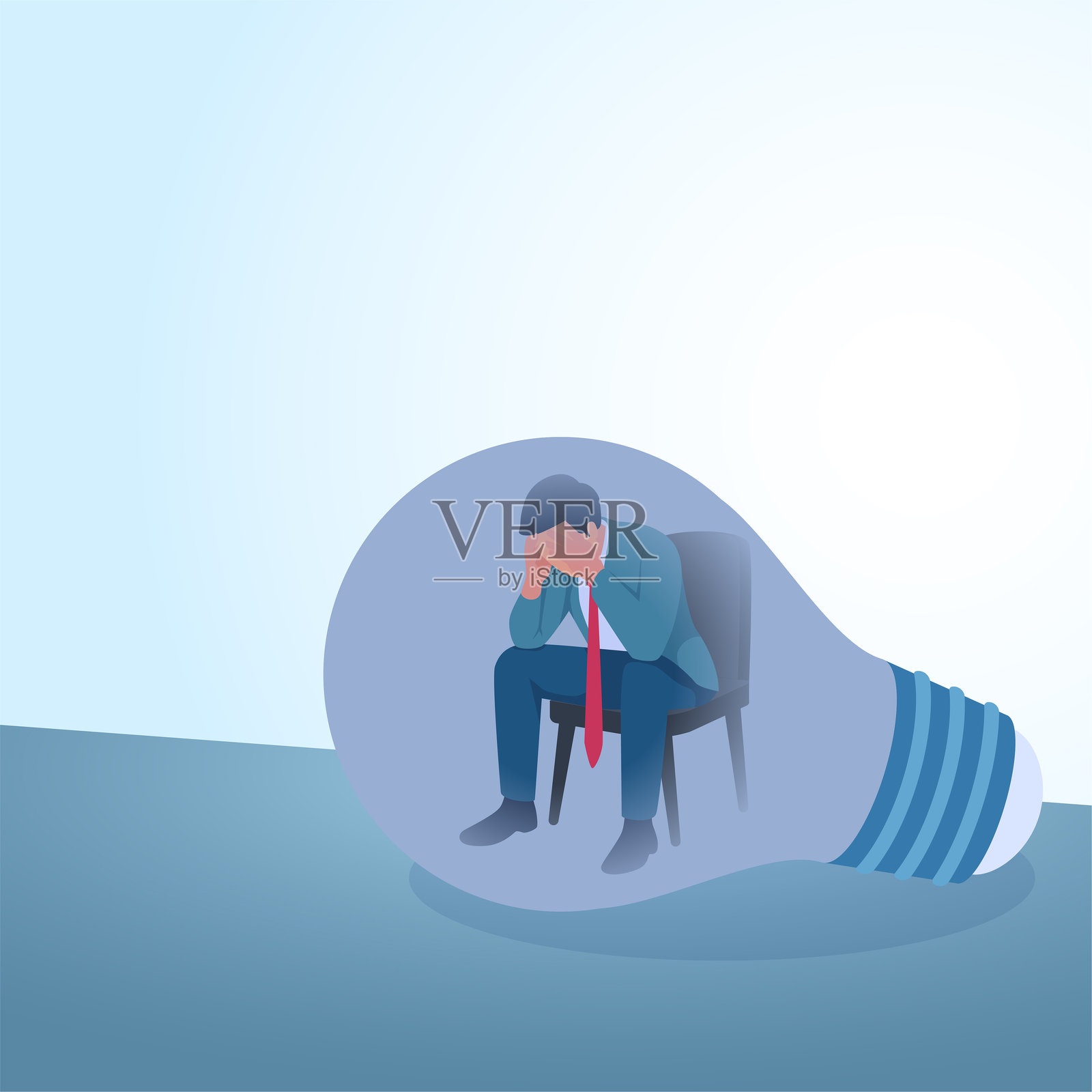 一个男人坐在昏暗的光线中，掩住疲惫的脸。这是对倦怠、压力和工作疲惫的隐喻插图。插画图片素材