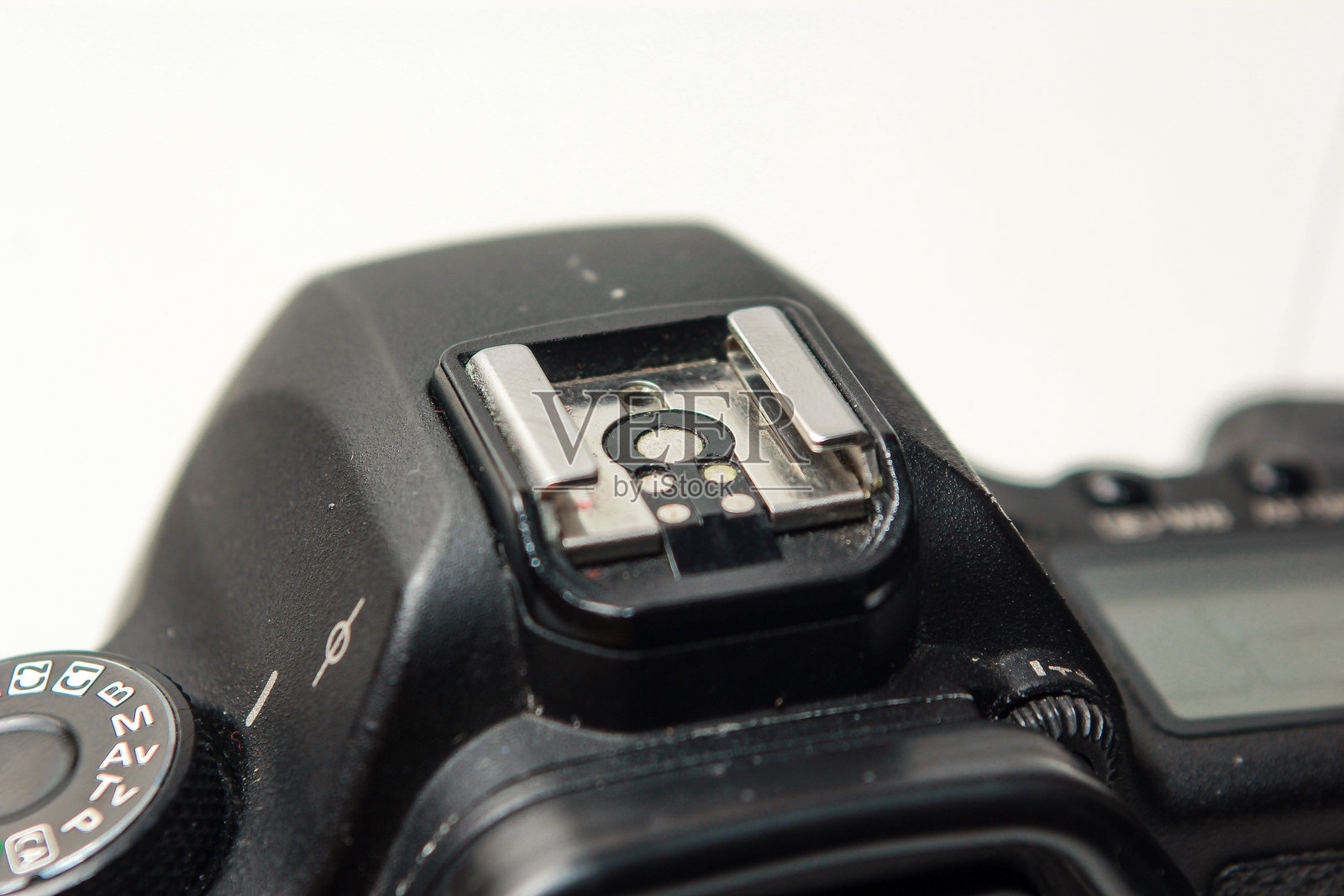 特写热靴单反相机，热靴闪光灯支架照片摄影图片