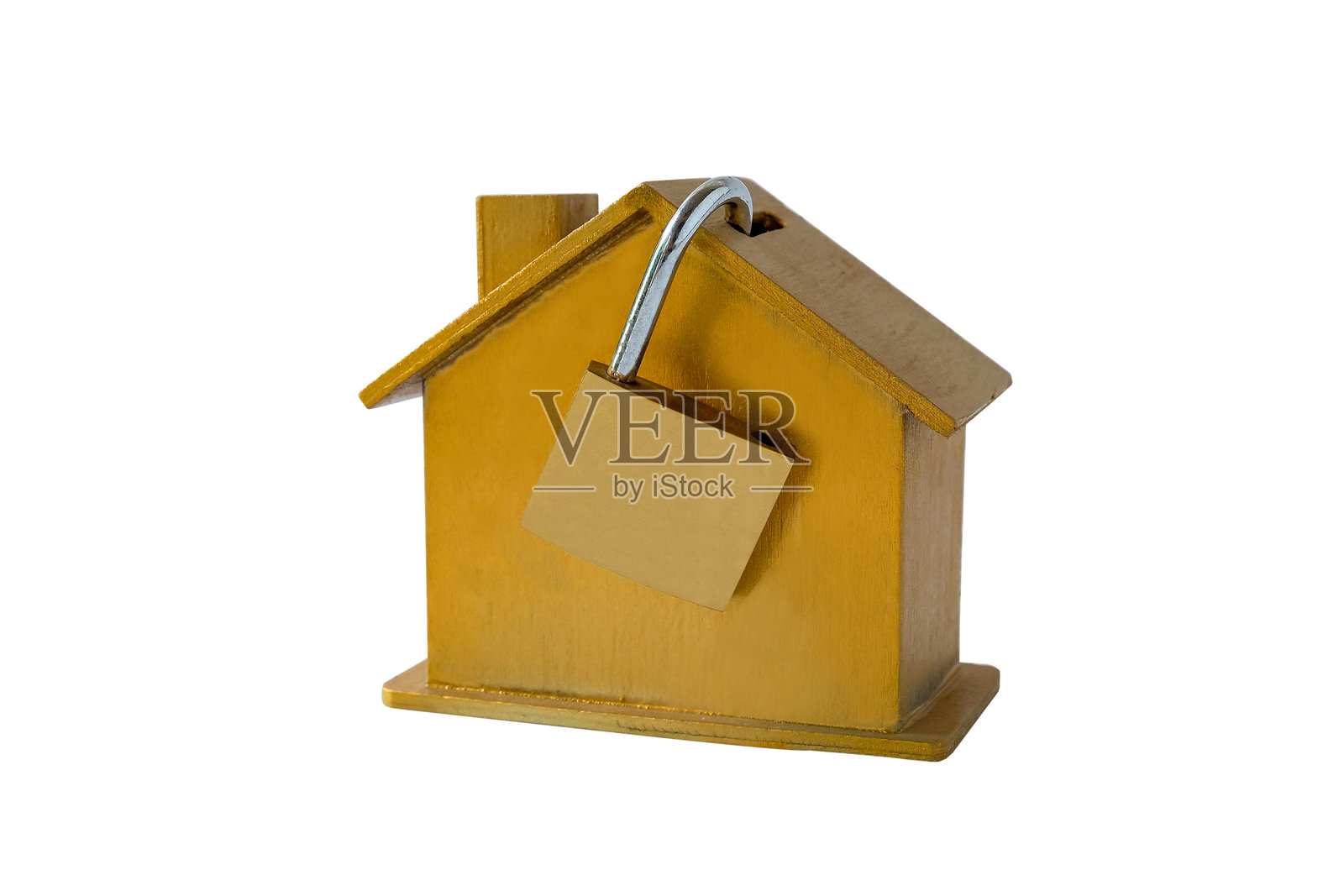 木制模型房屋和挂锁，家庭安全概念。照片摄影图片