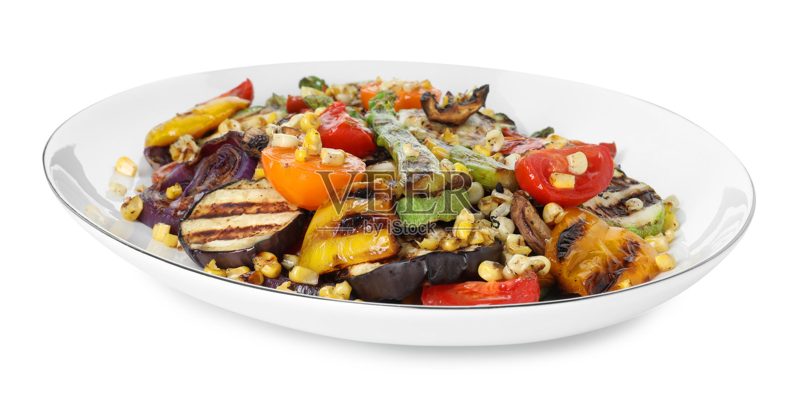 美味的沙拉配烤蔬菜，背景为白色照片摄影图片