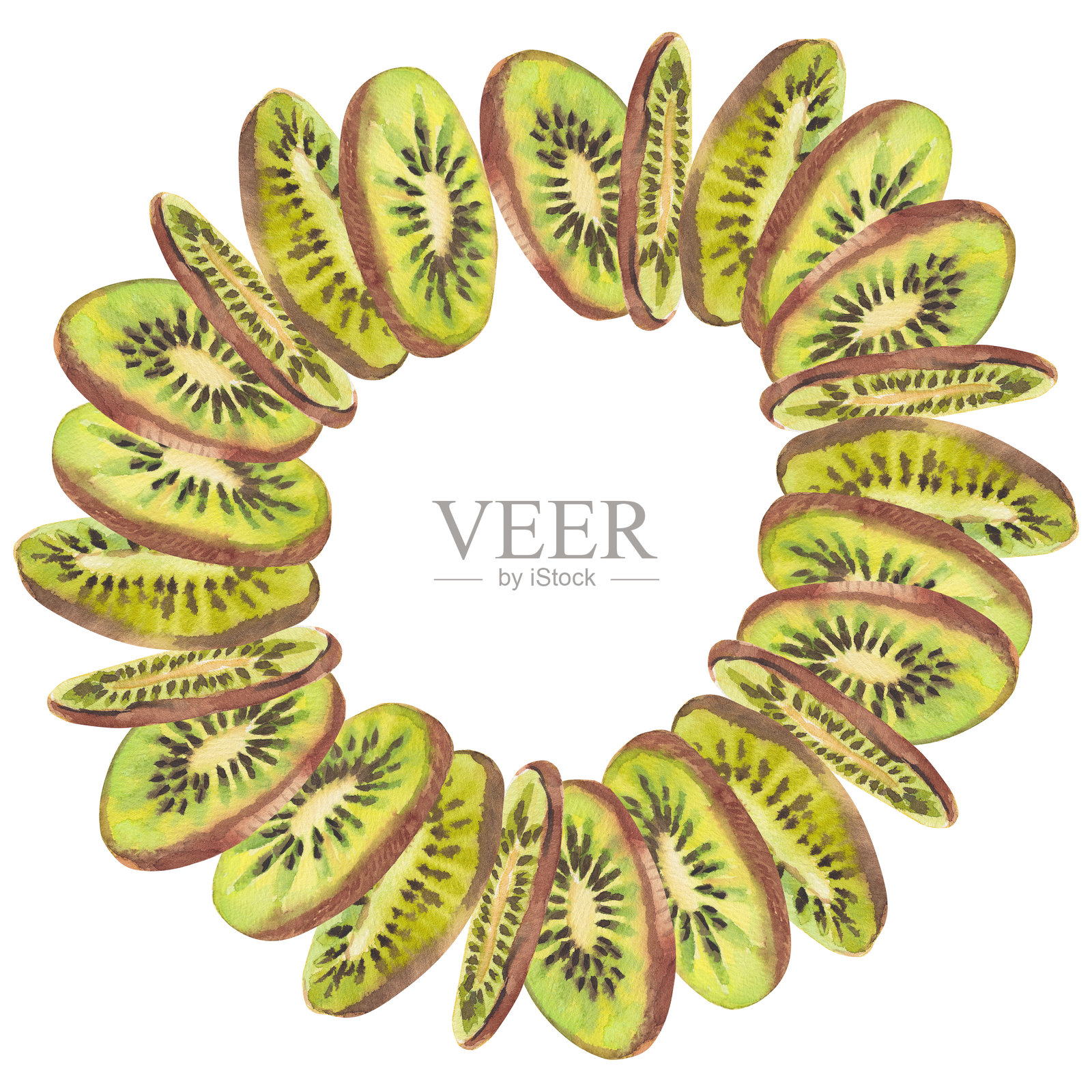 手绘水彩花环，由热带绿色猕猴桃组成。飞舞的水果切片围绕模板框架，留有空白空间，背景为白色。适用于海报或卡片的夏季横幅模板。插画图片素材