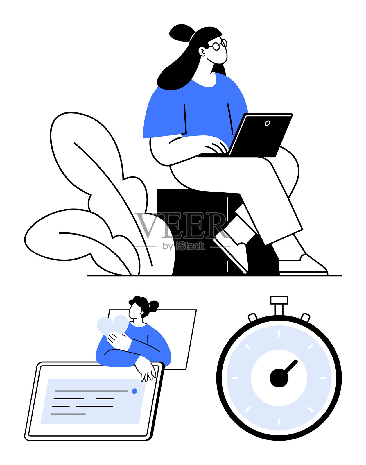 女性在户外使用笔记本电脑，男性在阅读电子书，计时器象征着时间管理插画图片素材