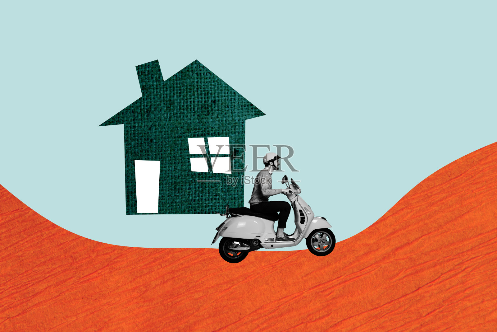 快乐司机手持房屋搬迁的复古威斯帕摩托车拼贴艺术作品，体现了难民旅行和旅游的概念。照片摄影图片